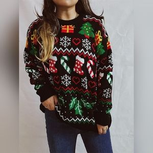 Festive Knit Santa Candy Canes Trees Round Neck Long Sleeve Holiday Sweater Top